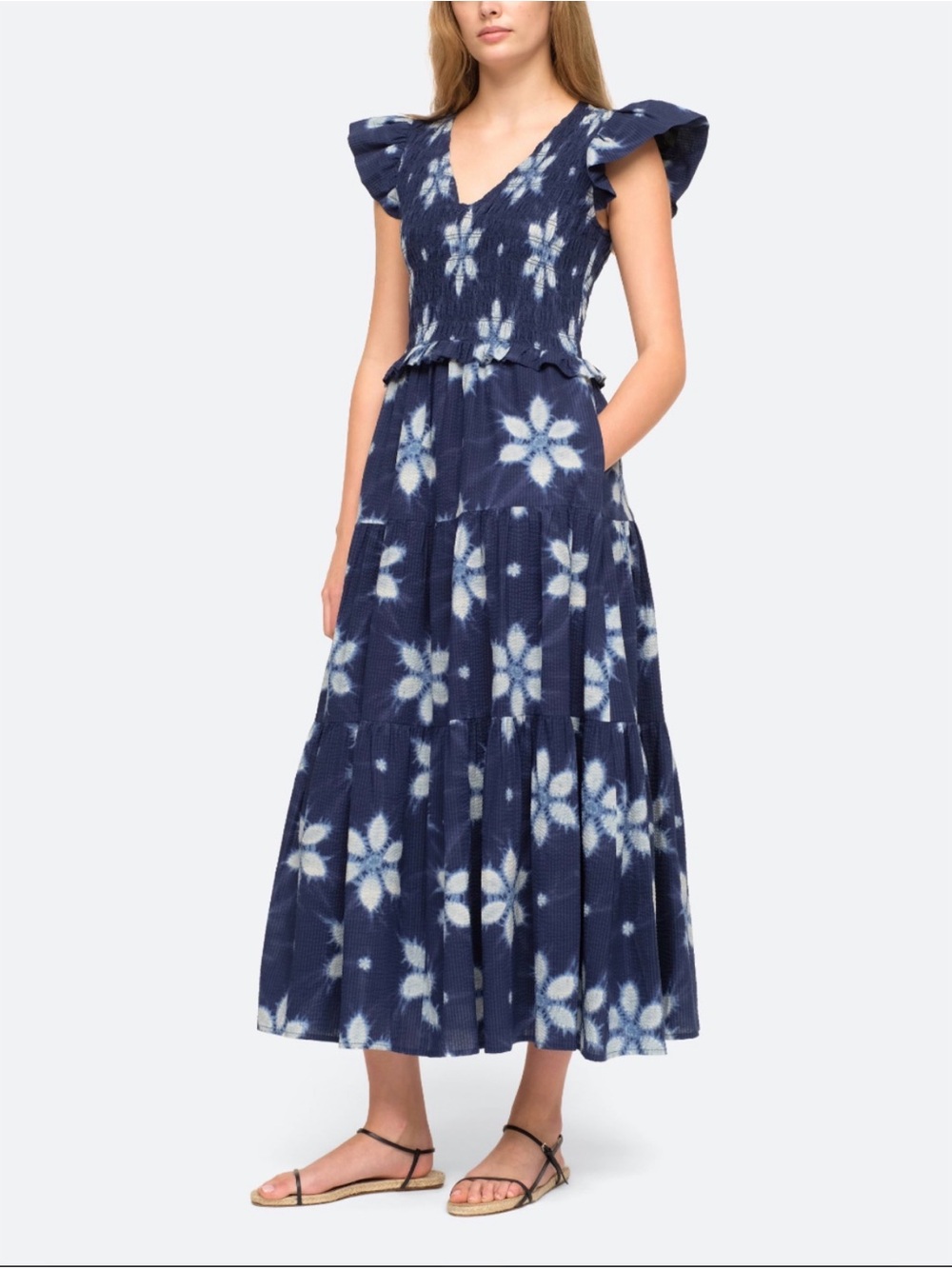 NWOT Sea NY Isla Floral Tie-Dye Maxi Dress, Size 0, Color Navy/White